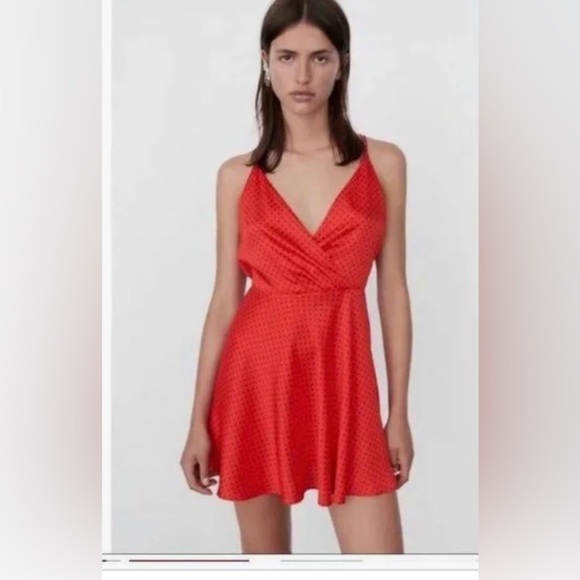 Zara red black polka dot satin silk effect open back mini flare dress size small - Picture 6 of 8